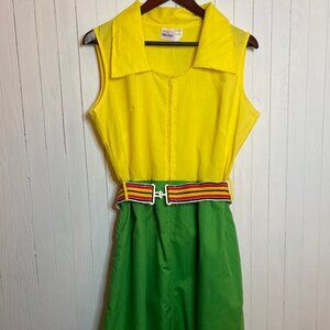 Vintage 70s Dress- Yellow Top Green Skirt with Belt- Go-Ins by Danville YL XS